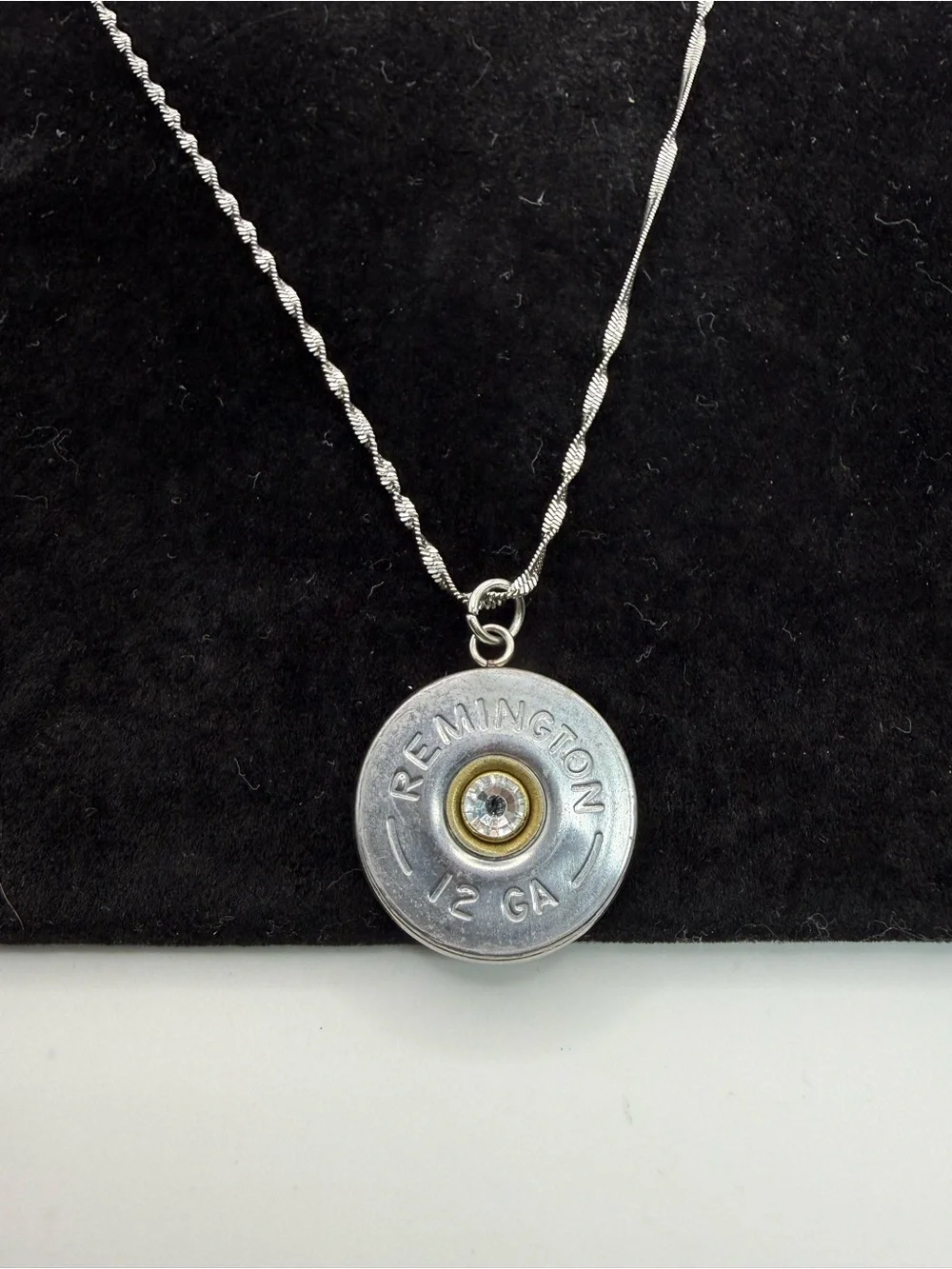 Remington 12 Gauge Shotgun Shell Pendant Necklace 17” Rhinestone Silver Tone
